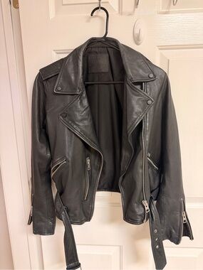 AllSaints Black Leather Asymmetric Moto Jacket